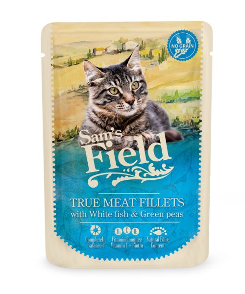 Sam's Field Vådfoder til katte - Hvid fisk og ærter 85g