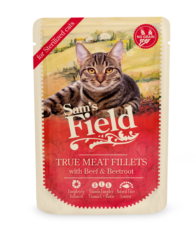 Sam´s Field Vådfoder til neutraliserede katte - Oksekød og rødbede 85g