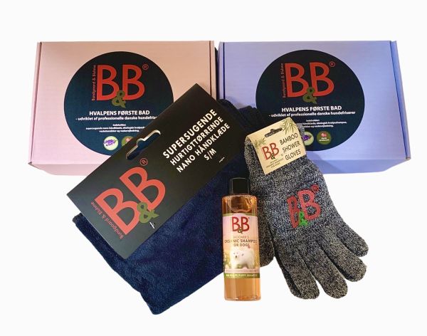 B&B Hvalpepakke til hvalpens første bad - Blå og rød æske